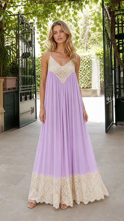 Front full view of woman wearing lavender flowy cami maxi dress with beige crochet lace bodice and hem
