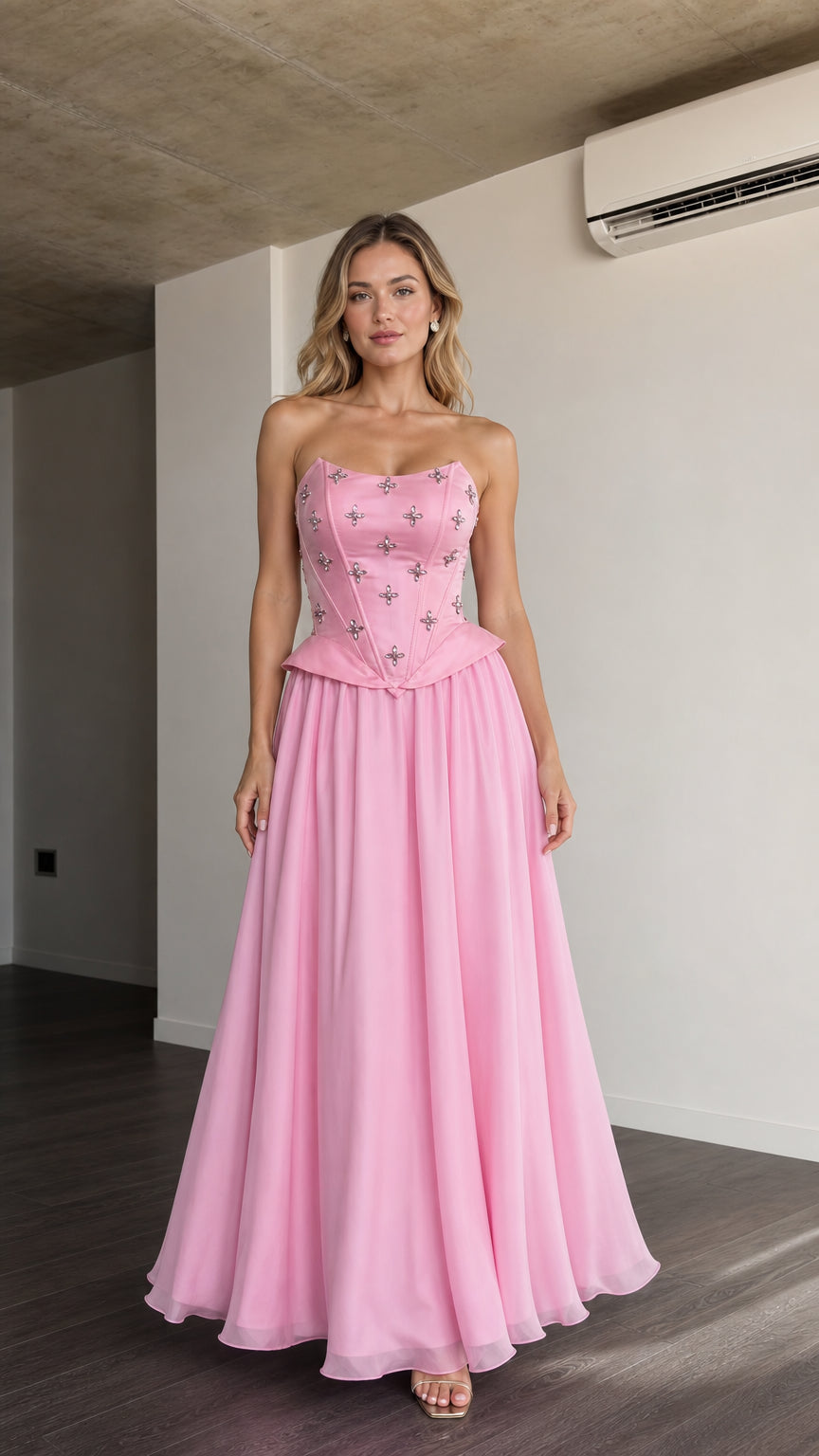 Front view of pink embellished corset strapless maxi dress