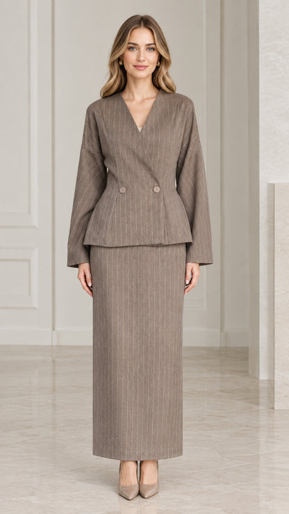 Taupe pinstripe two-piece suit set with peplum blazer and maxi skirt front view