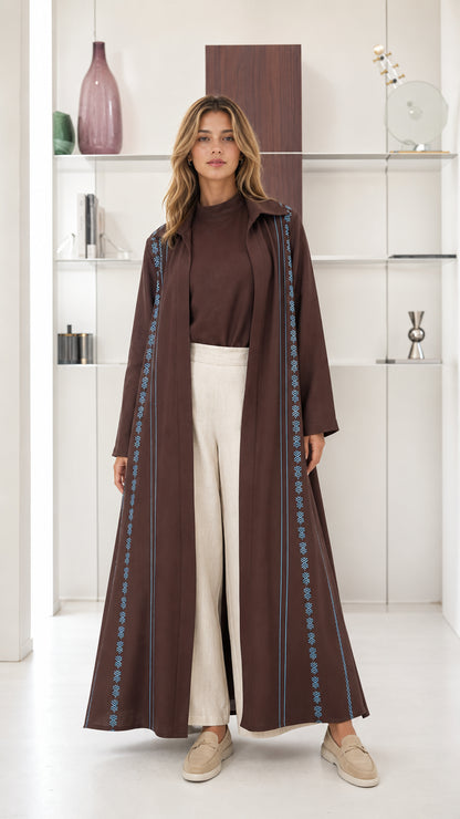 Full front view of model wearing Chocolate Brown embroidered open front maxi abaya duster