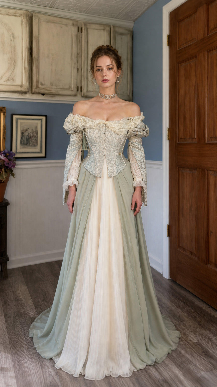 Front view of sage green Renaissance off-shoulder corset maxi dress