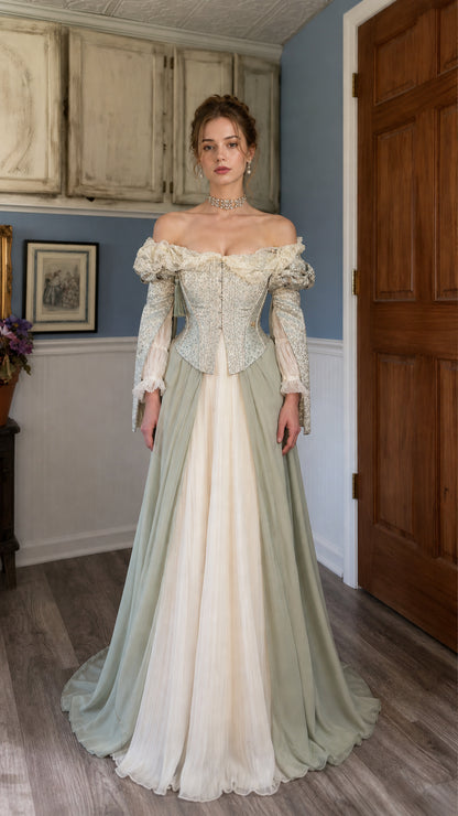 Front view of sage green Renaissance off-shoulder corset maxi dress