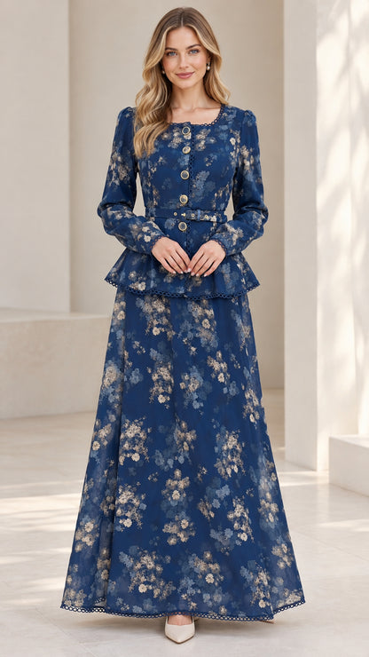 Front view of model wearing Navy Blue vintage floral peplum belted maxi dress