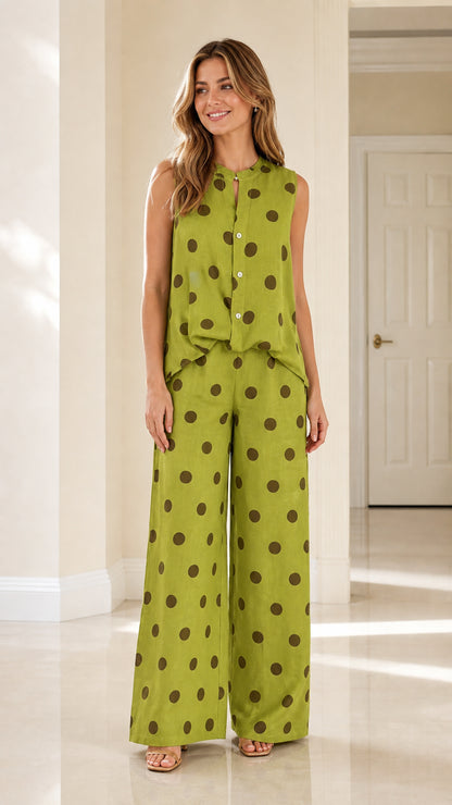 Front view of green polka dot top and wide leg pants set