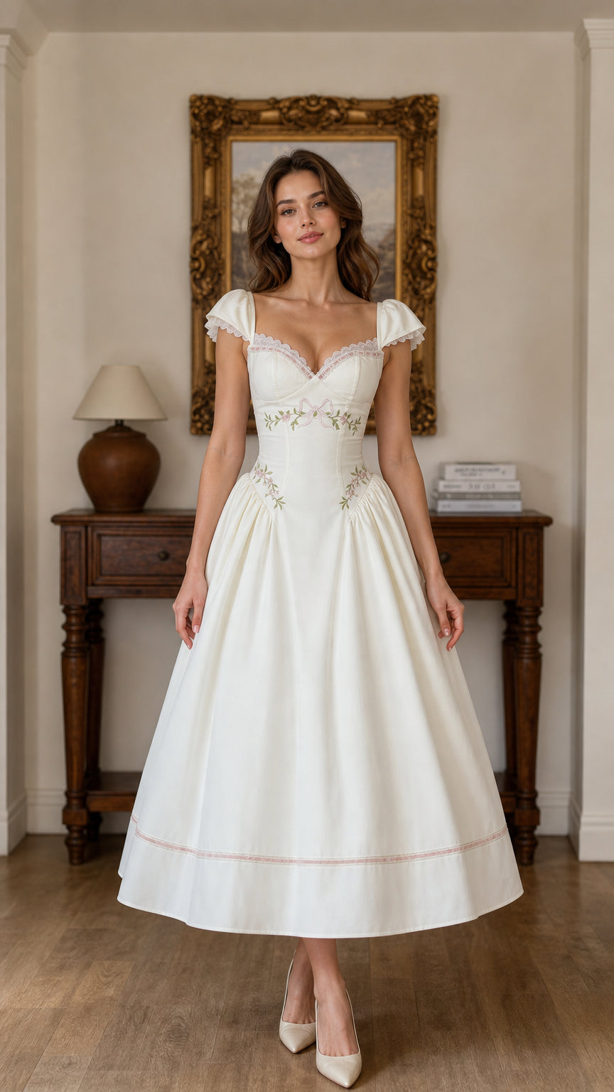 Front full view of White vintage embroidered sweetheart midi dress