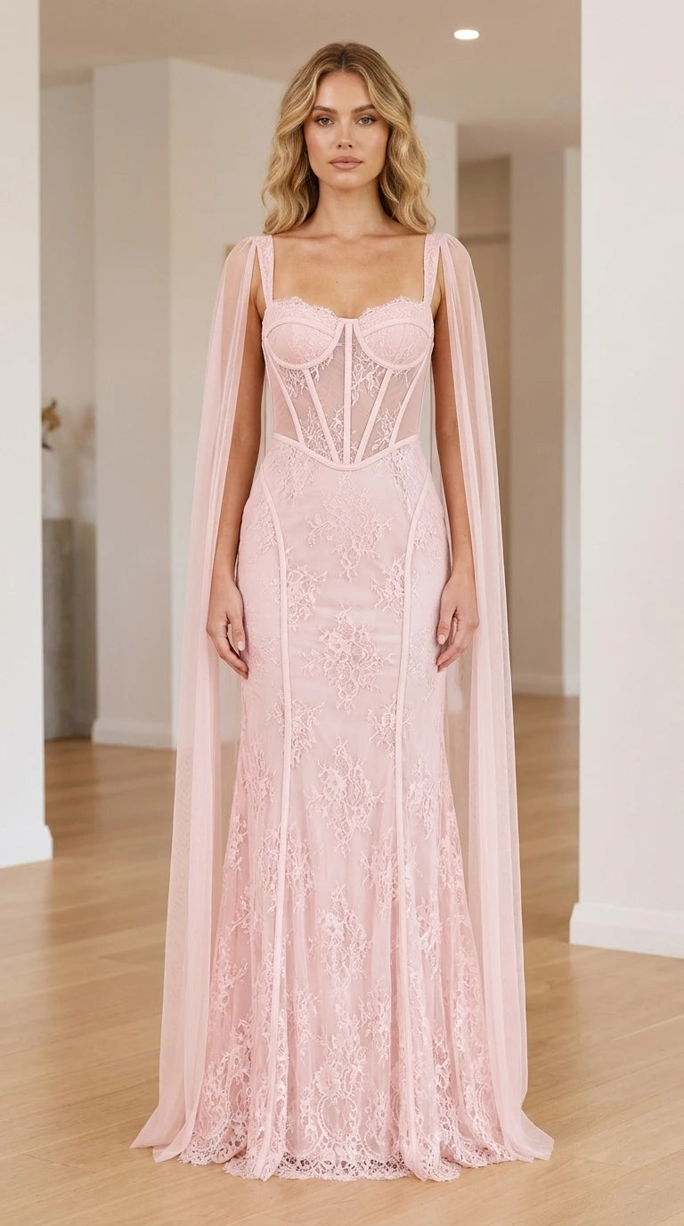 Front view of the pink cape corset maxi dress
