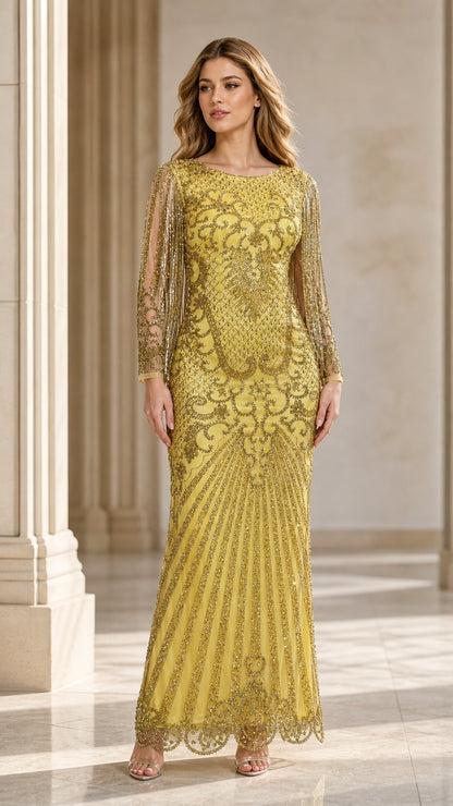 Front view of elegant yellow beaded evening gown