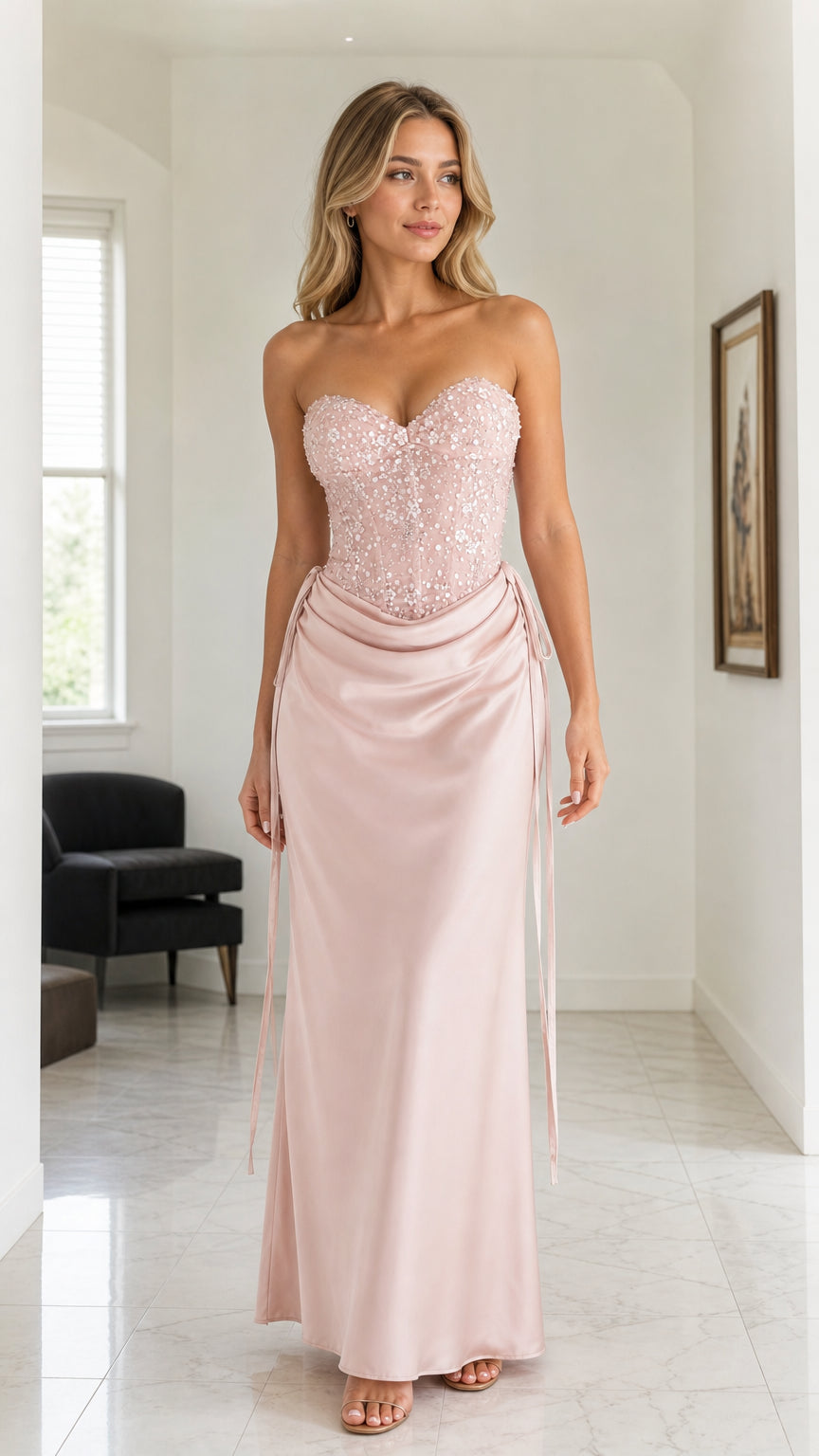 Pink sleeveless sequin corset satin maxi dress front view