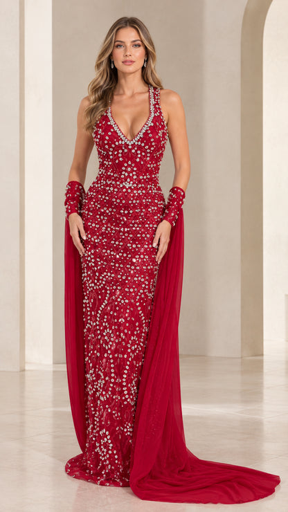 Red embellished V-neck formal evening gown with cape cuffs front view