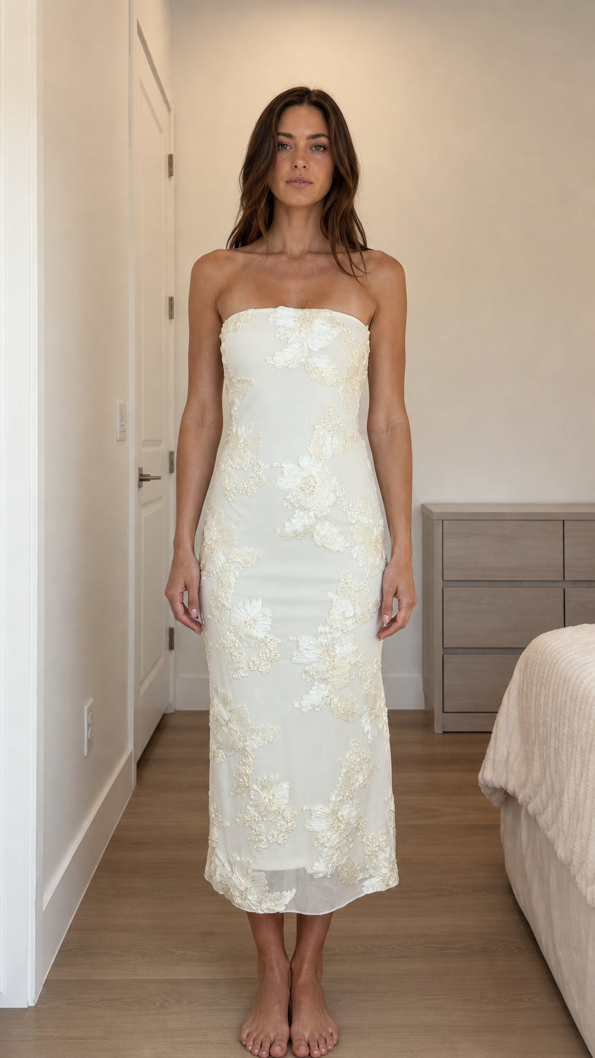 Front view of ivory strapless floral applique midi dress