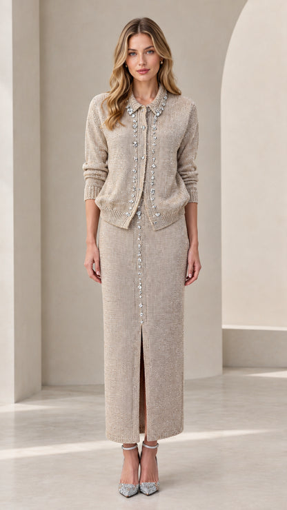 Beige rhinestone embellished knit cardigan and maxi skirt two-piece set front view