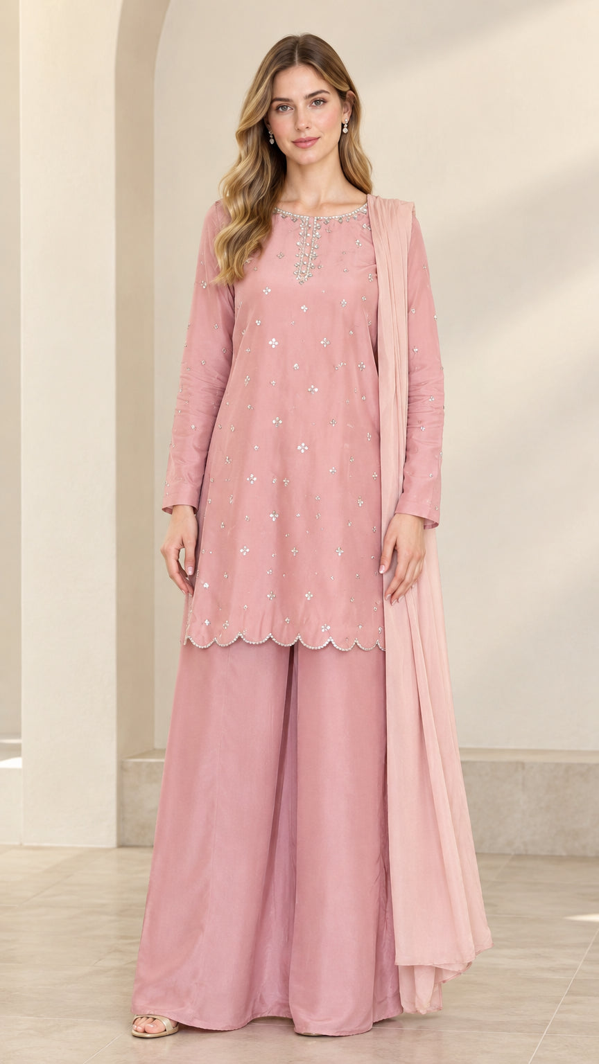 Front view of woman wearing dusty rose 3-piece embellished tunic and wide leg pants set with dupatta