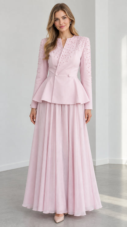 Blush Pink beaded peplum formal top with matching pleated maxi skirt front view
