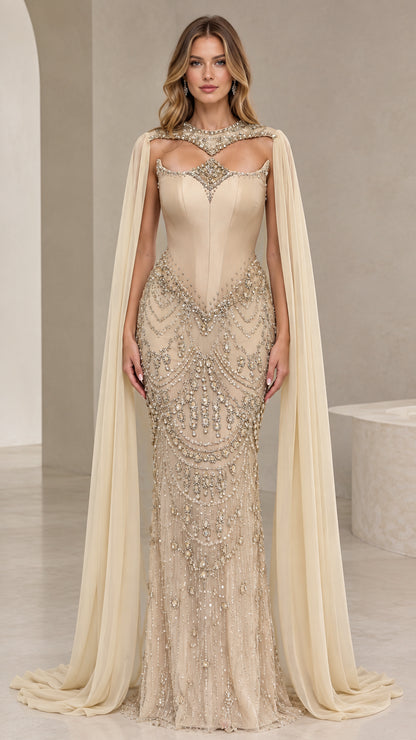 Champagne embellished corset evening gown with dramatic chiffon cape sleeves front view