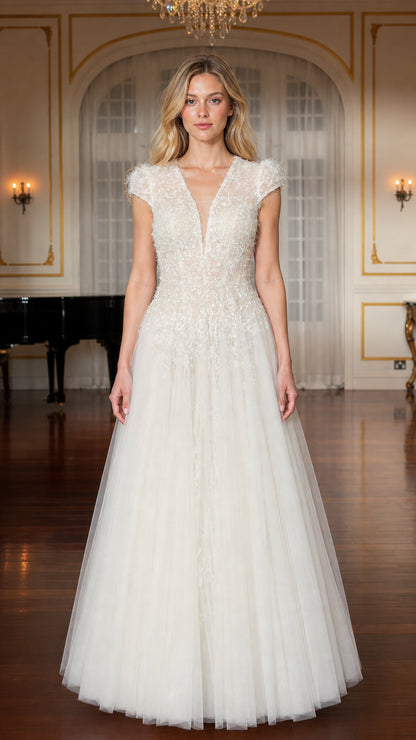 Front view of ivory beaded V-neck tulle evening gown
