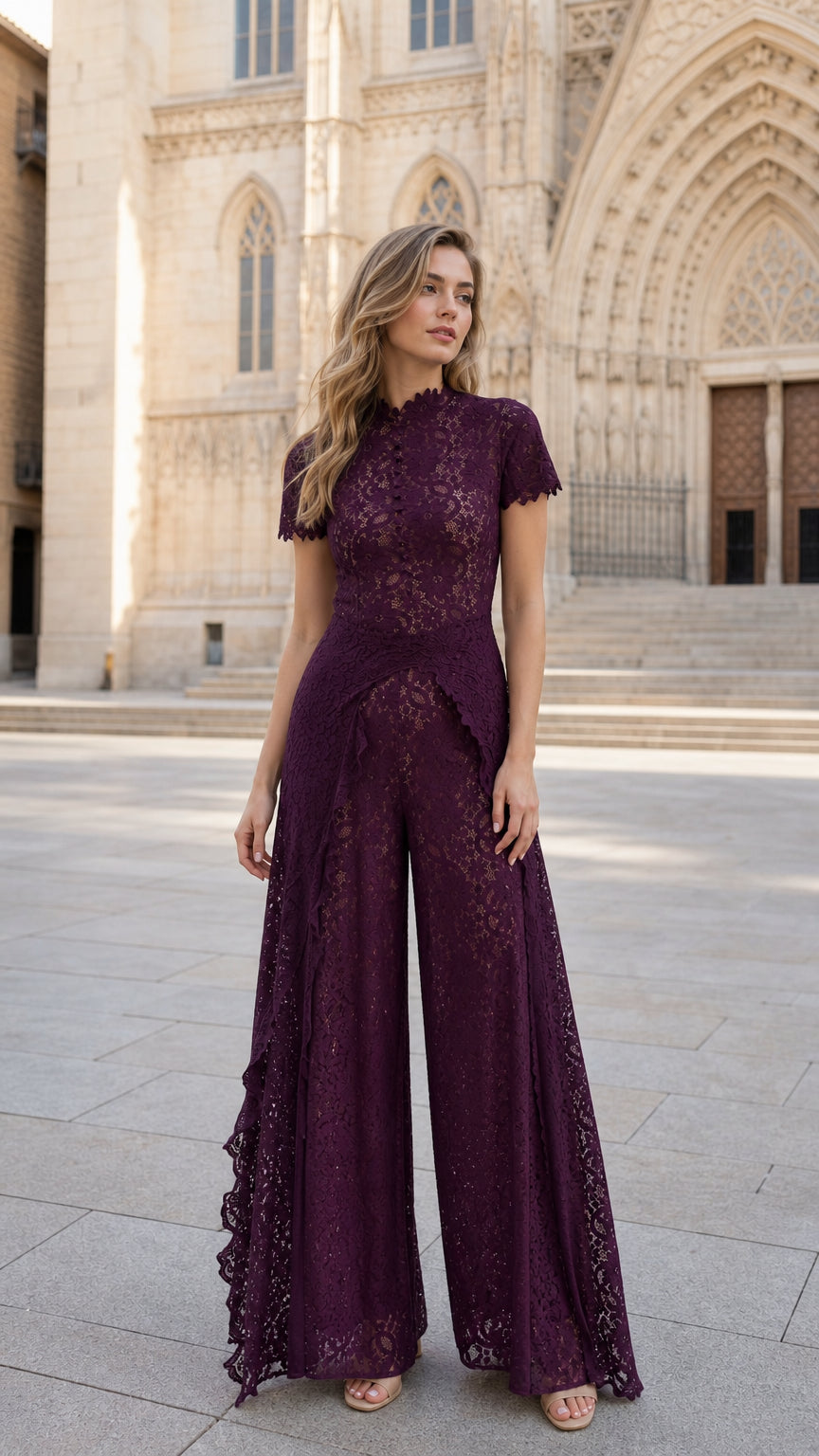 Front full-length view of woman wearing Plum floral lace wide-leg jumpsuit in front of historic cathedral