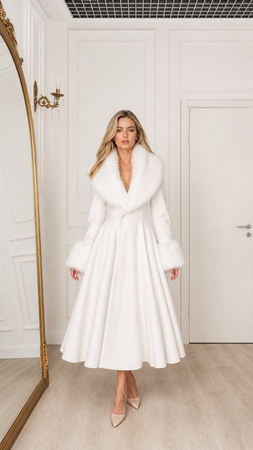 Model wearing white fit and flare midi coat with white faux fur collar and cuffs front view