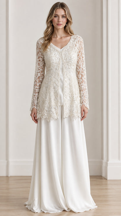 Front view of Ivory women's formal lace tunic jacket and wide-leg pants set