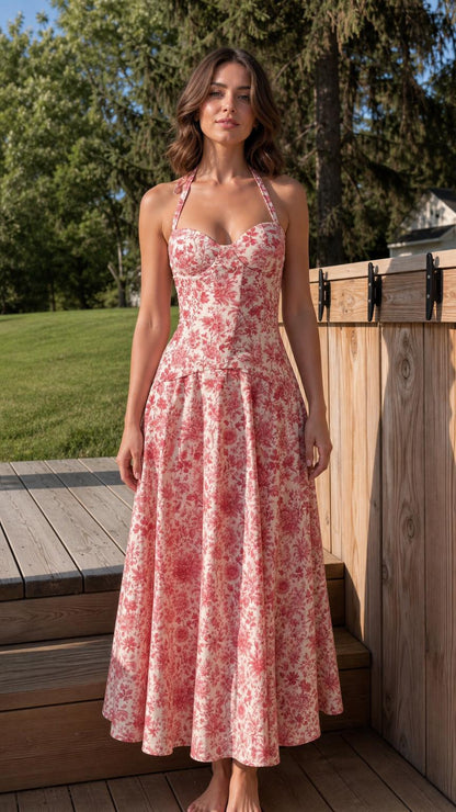 Front view of woman wearing pink floral halter midi dress