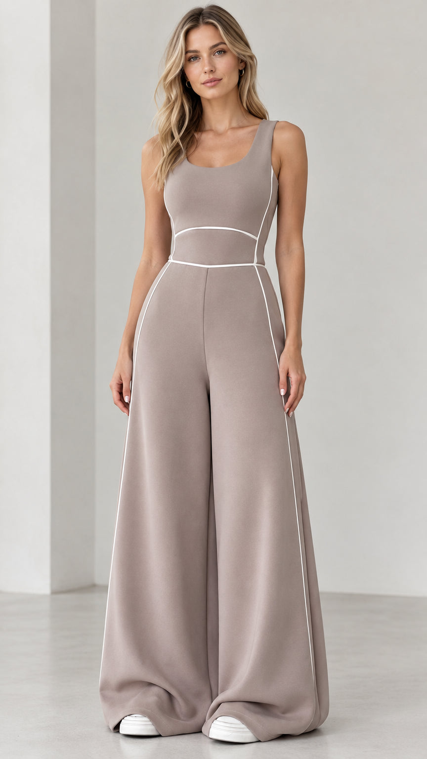 Front full view of woman wearing taupe sleeveless wide-leg jumpsuit with white contrast piping