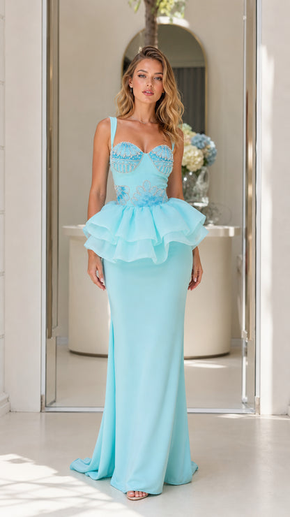 Front view of light blue beaded shell peplum evening dress