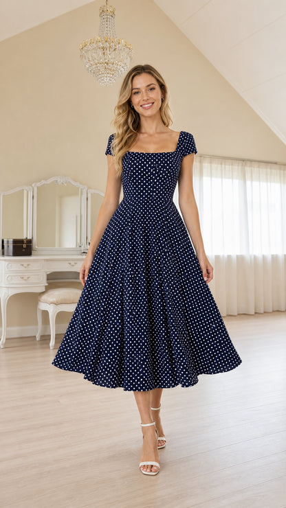 Model wearing Navy polka dot square neck midi dress, front view