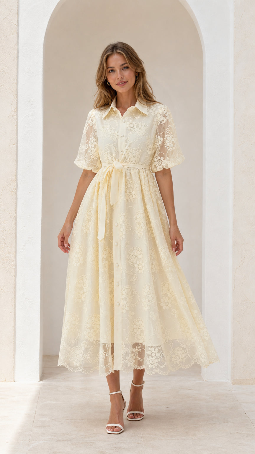 Front view of cream floral lace collared midi shirt dress with tie belt