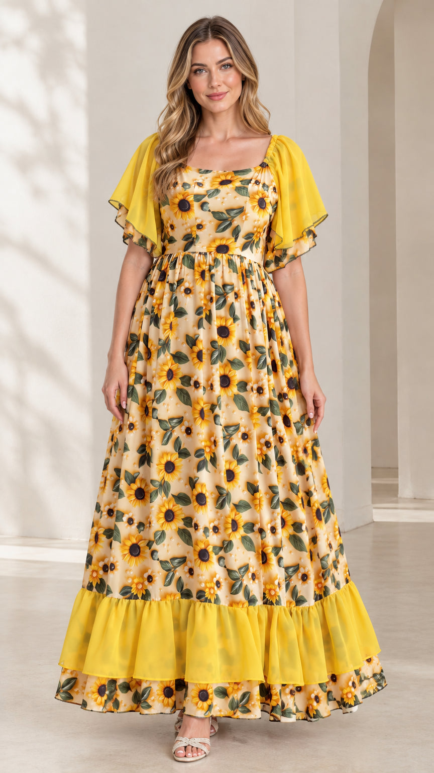 Full front view of woman wearing yellow sunflower square neck tiered maxi dress with flutter sleeves
