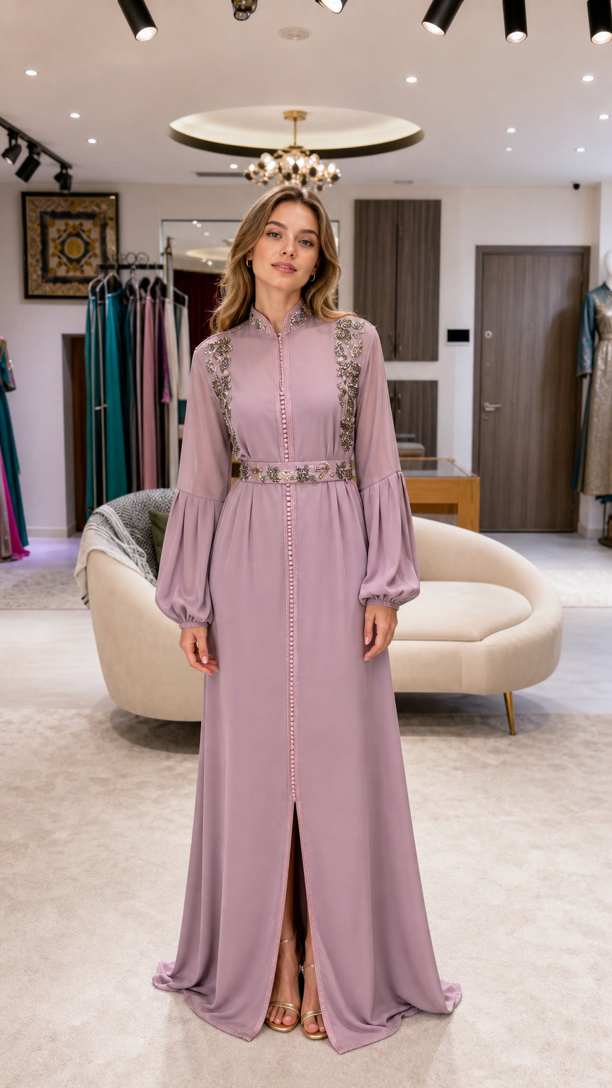 Full front view of woman wearing mauve embellished bishop sleeve kaftan maxi dress