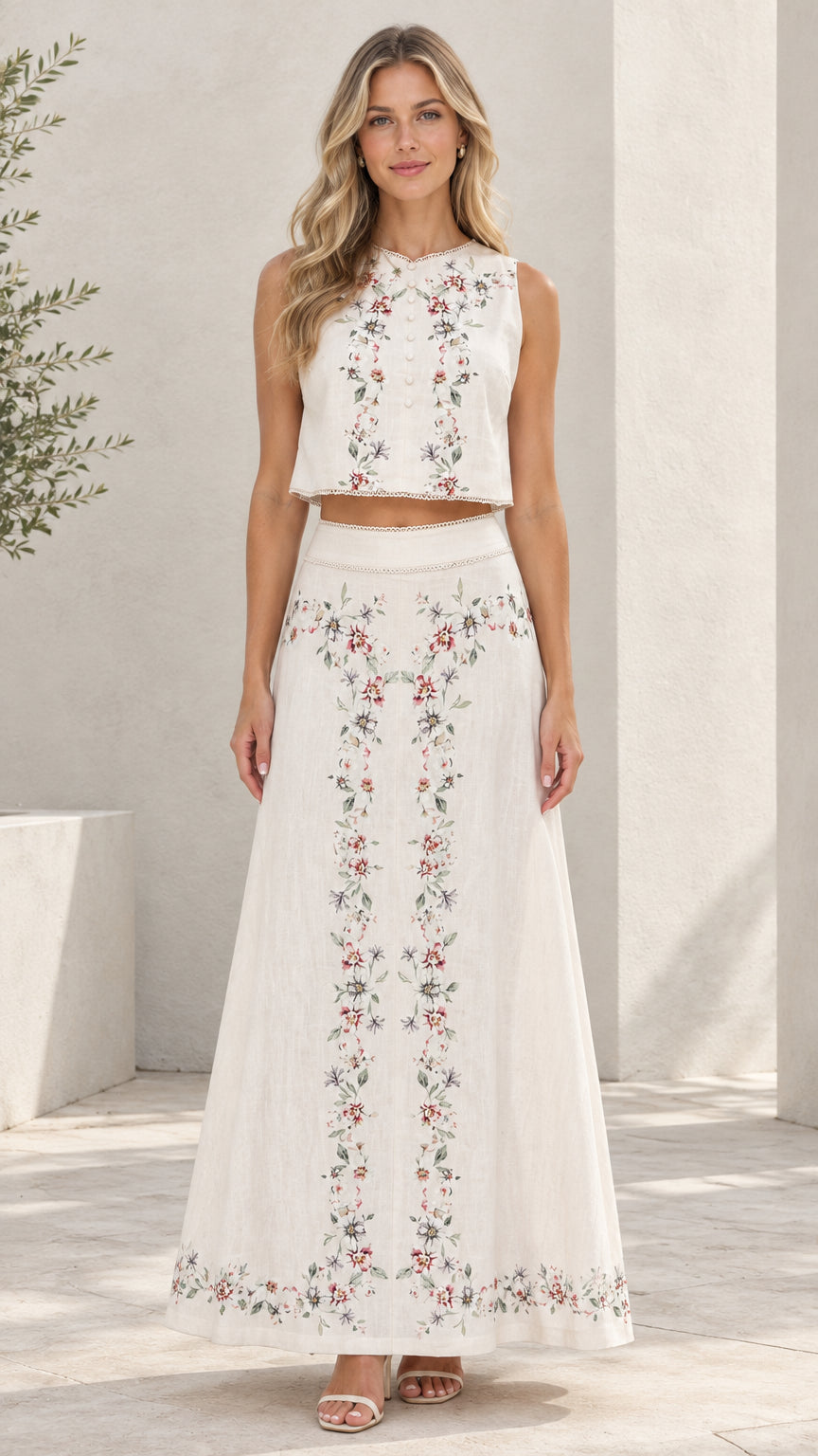 White floral embroidered sleeveless crop top and maxi skirt two-piece set front view