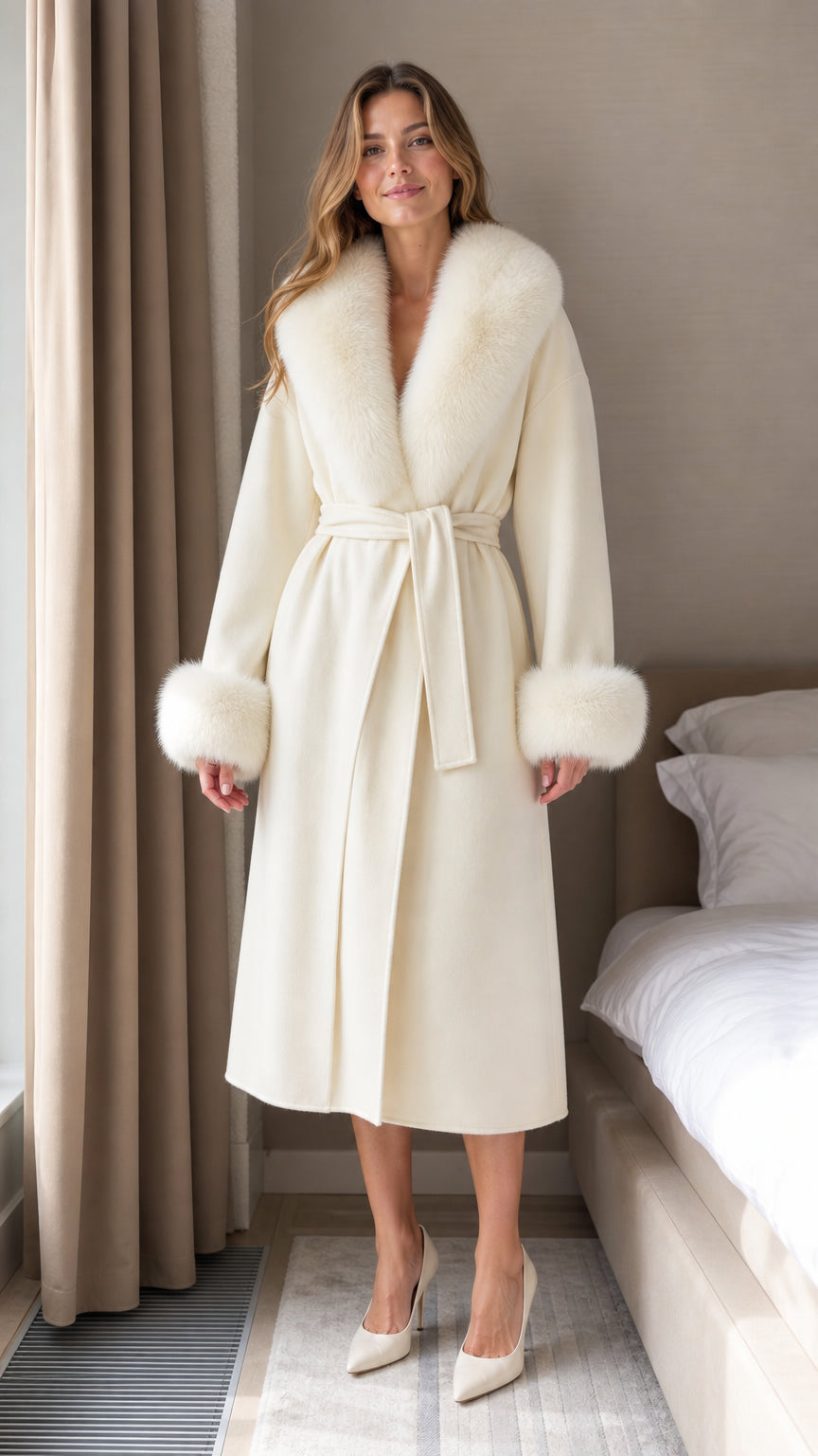 Front view of woman wearing Cream belted long wrap coat with plush fur collar and cuffs