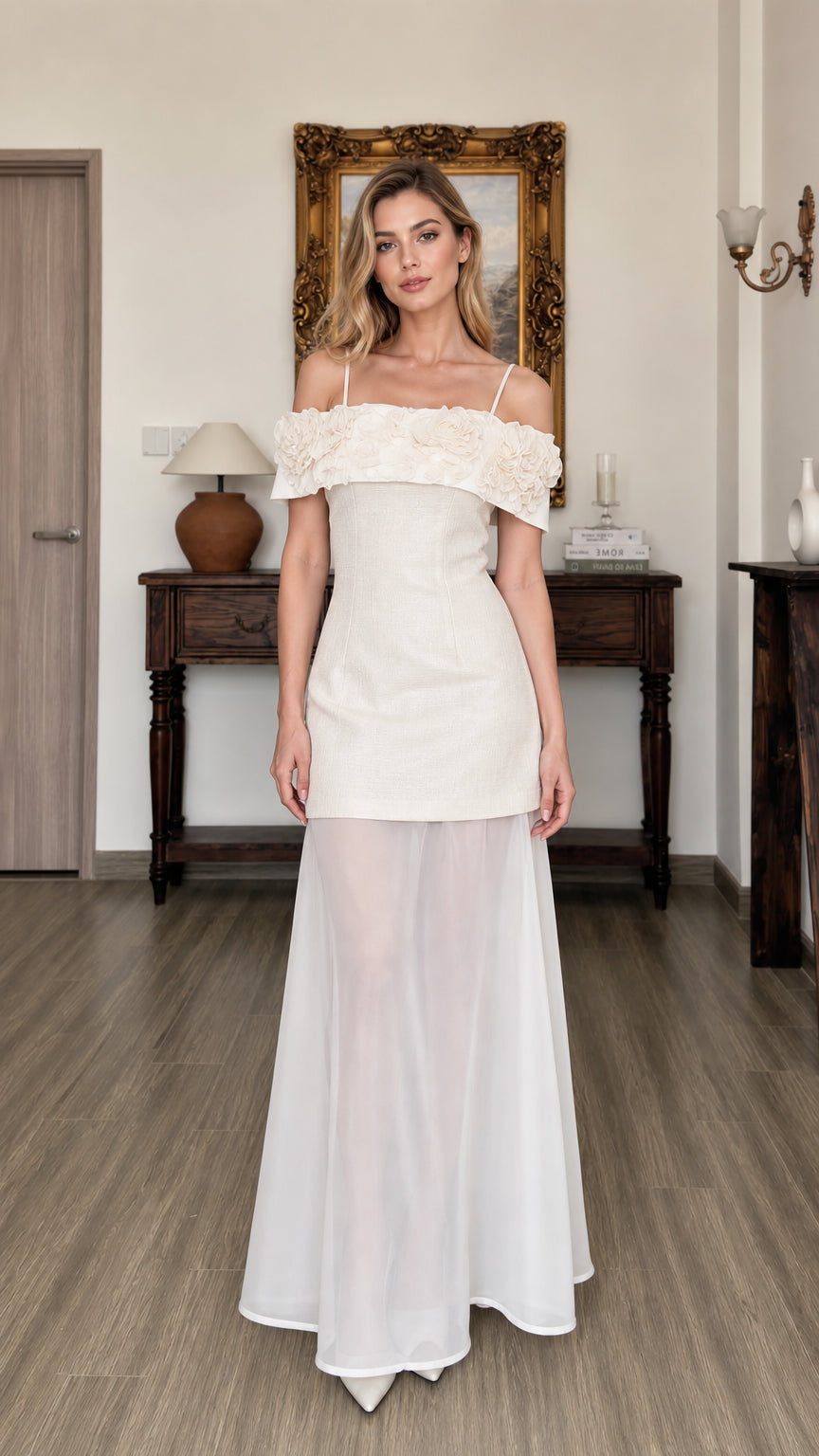 Front view of model wearing white 3D floral off-shoulder maxi dress