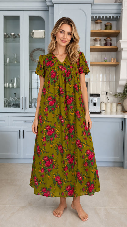 Full front view of model wearing olive green floral maxi lounge dress with short sleeves and v-neck