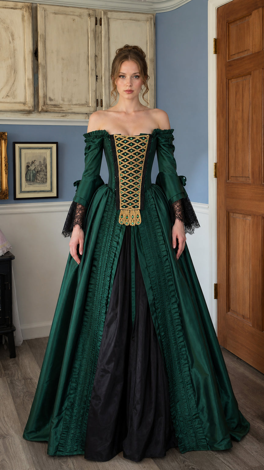 Renaissance off-shoulder green ball gown front view