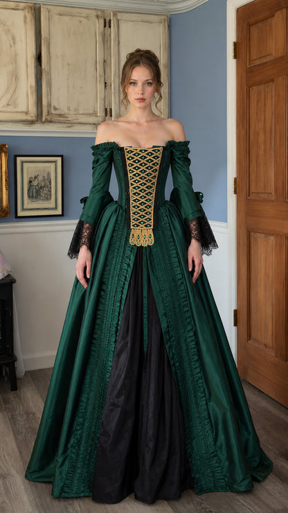 Renaissance off-shoulder green ball gown front view
