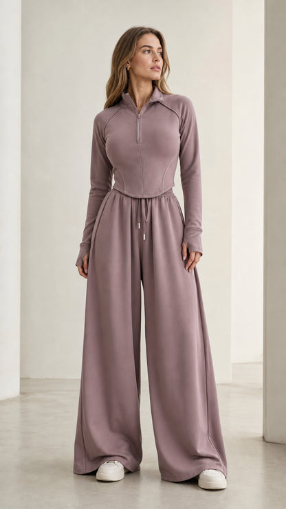 Women's dusty mauve half-zip top and wide-leg lounge pants two-piece set front view