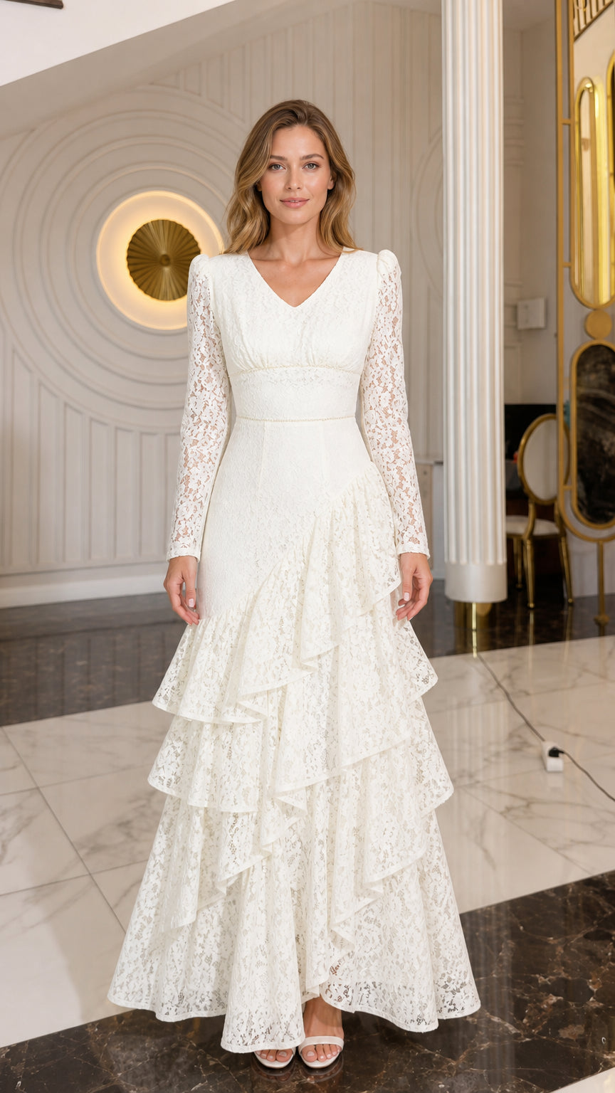 Front view of model wearing ivory long-sleeve lace tiered maxi evening dress