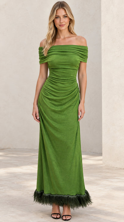 Olive green off-the-shoulder ruched maxi dress with feather hem front view