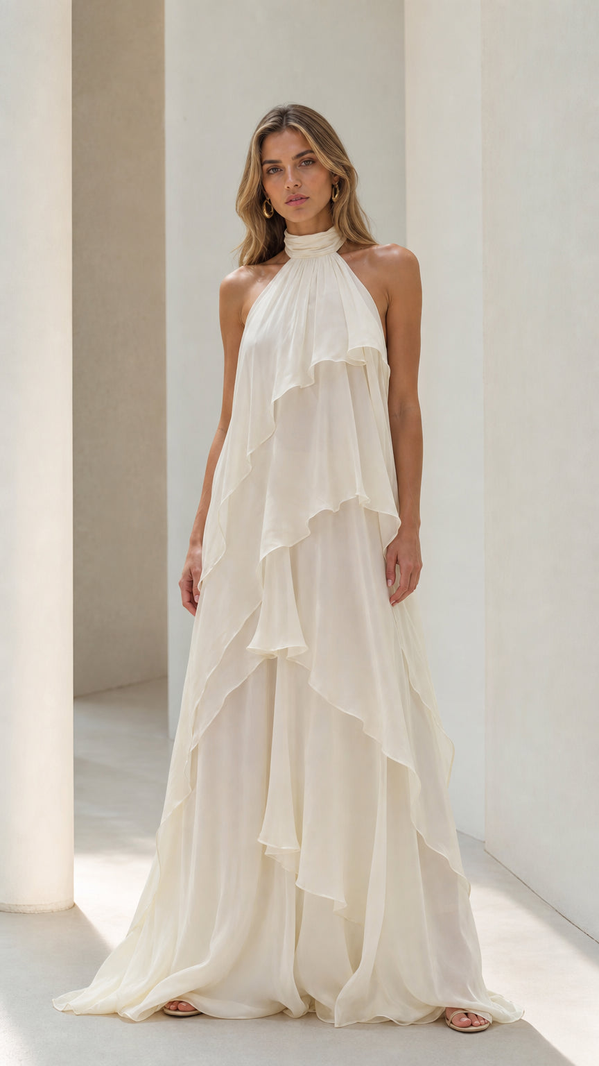 Ivory halter neck tiered ruffle maxi dress front view