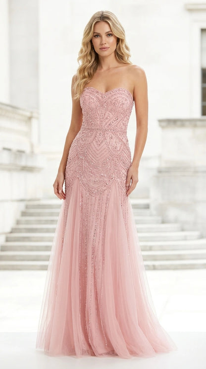 Front view of pink strapless beaded mermaid evening gown