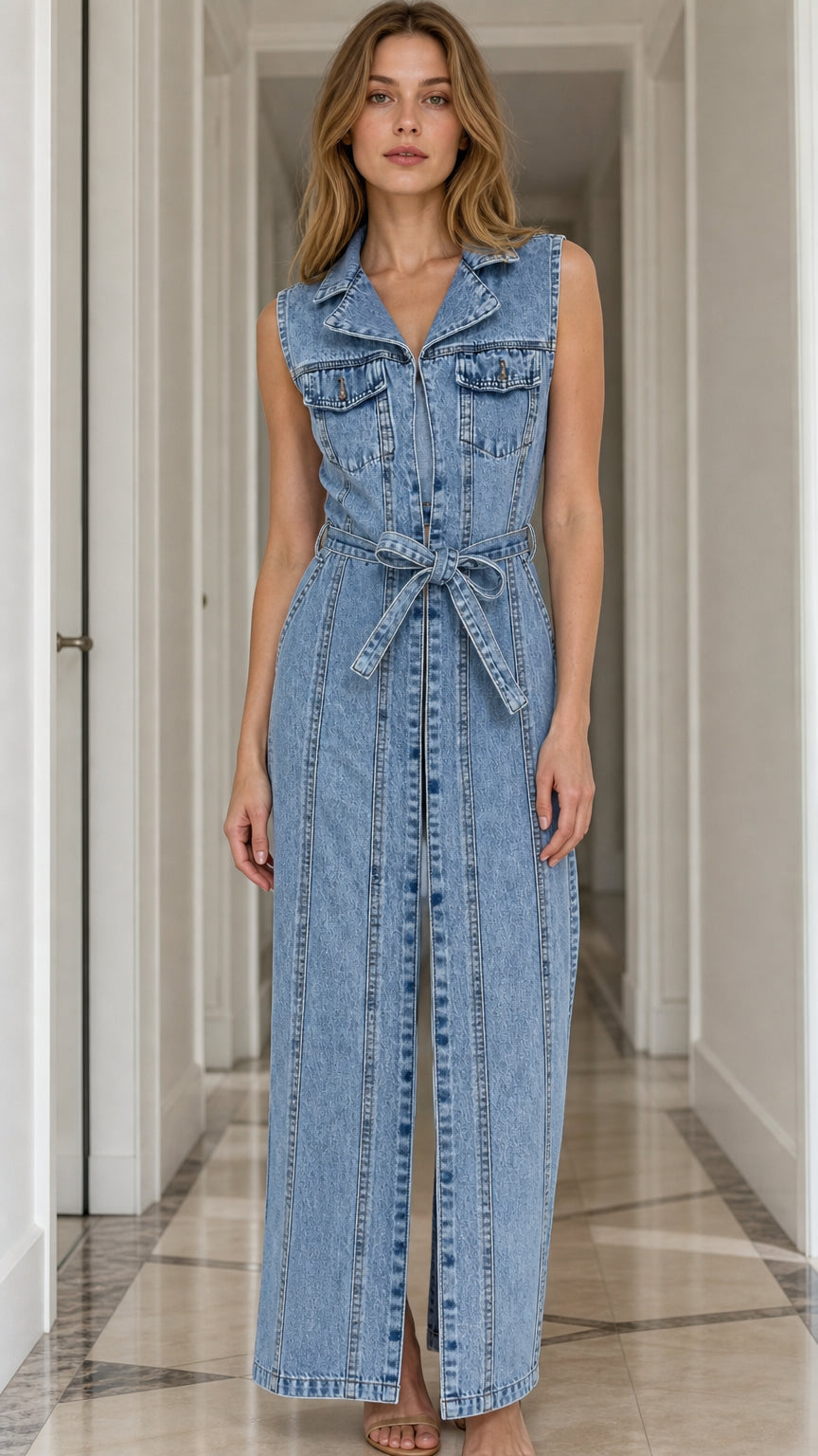 Front view of model wearing light blue sleeveless denim maxi dress