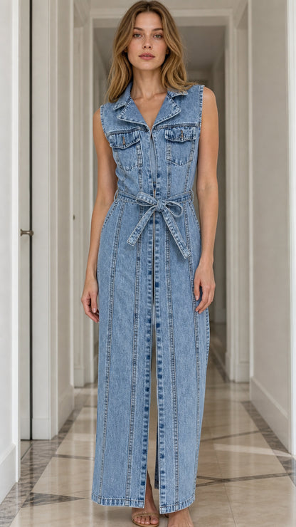 Front view of model wearing light blue sleeveless denim maxi dress