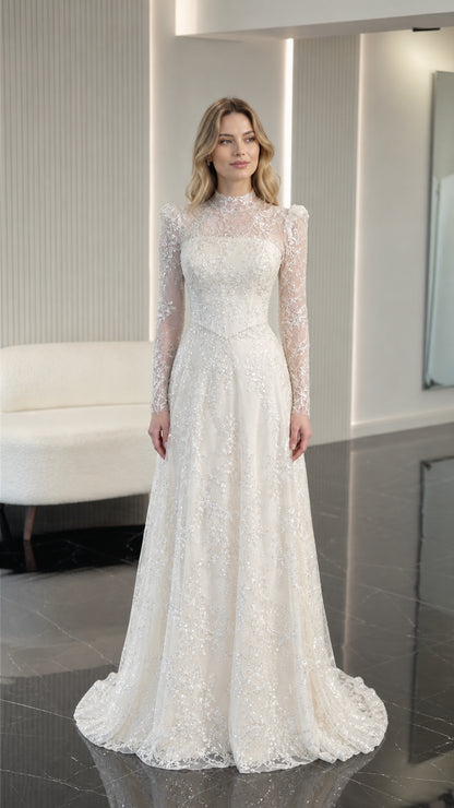 Ivory long sleeve embroidered evening gown with high neckline front view