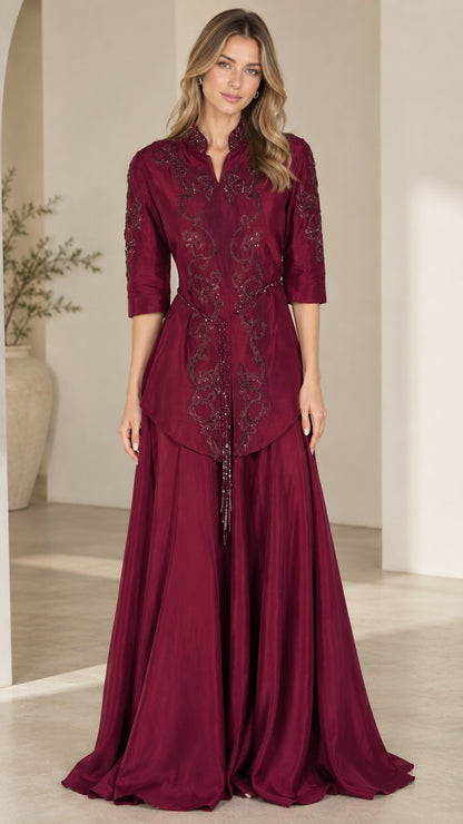 Front view of burgundy embroidered 3/4 sleeve formal maxi evening gown