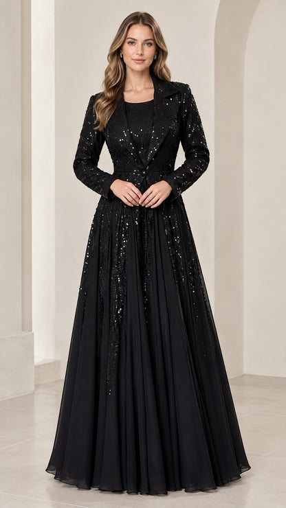 Front view of black sequin mother of the bride gown set with long sleeve jacket