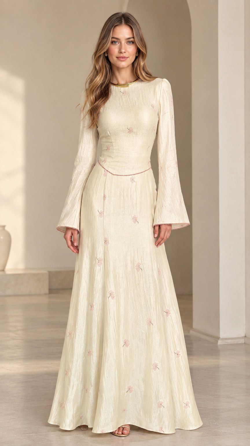 Front view of model wearing cream floral jacquard bell sleeve maxi dress
