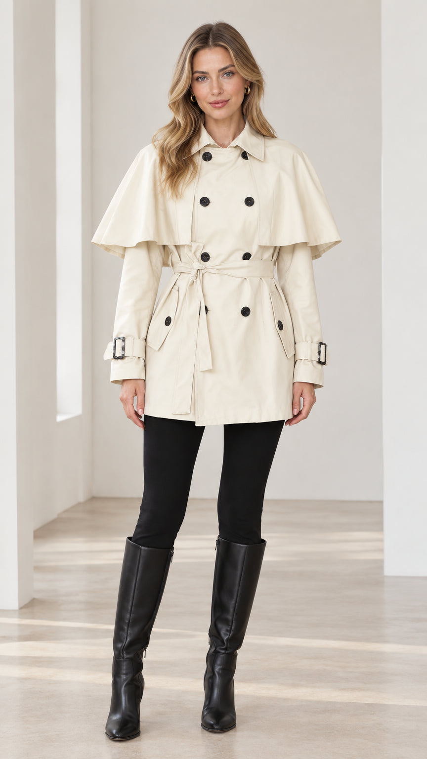 Front full-length view of woman wearing Cream capelet double-breasted trench coat with belt and knee-high boots