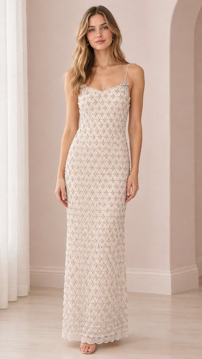 Champagne beaded lattice maxi evening dress front view on model
