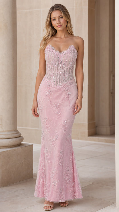 Front view of pink strapless lace mermaid formal evening dress