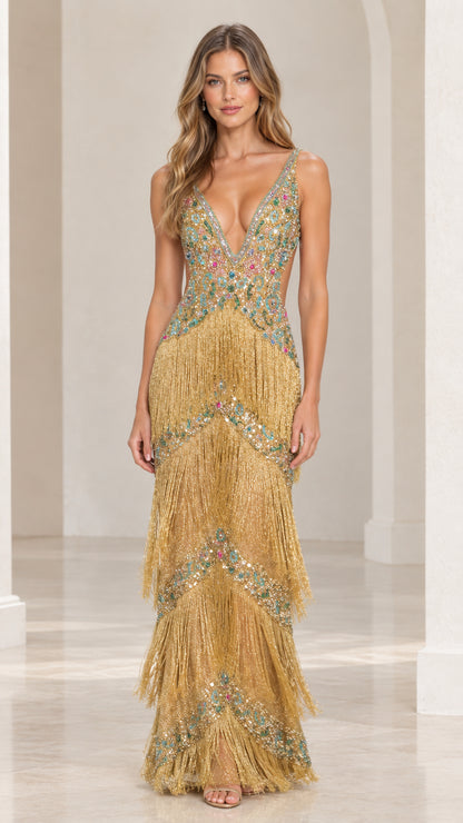 Front view of model wearing gold tiered fringe evening gown with beaded plunging neckline